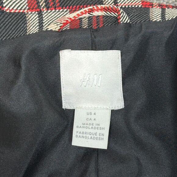 H&M Double Breasted Blazer Women 4 Red Black Tartan Plaid Oversize Career Preppy - Picture 9 of 11